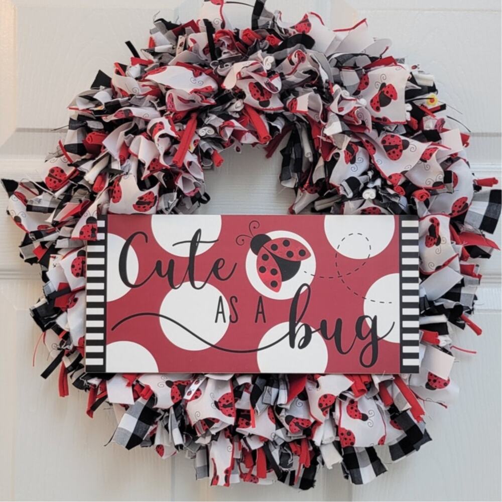 Cute as a Bug Handcrafted Rag Wreath Black White Red Ladybugs, 16" diameter